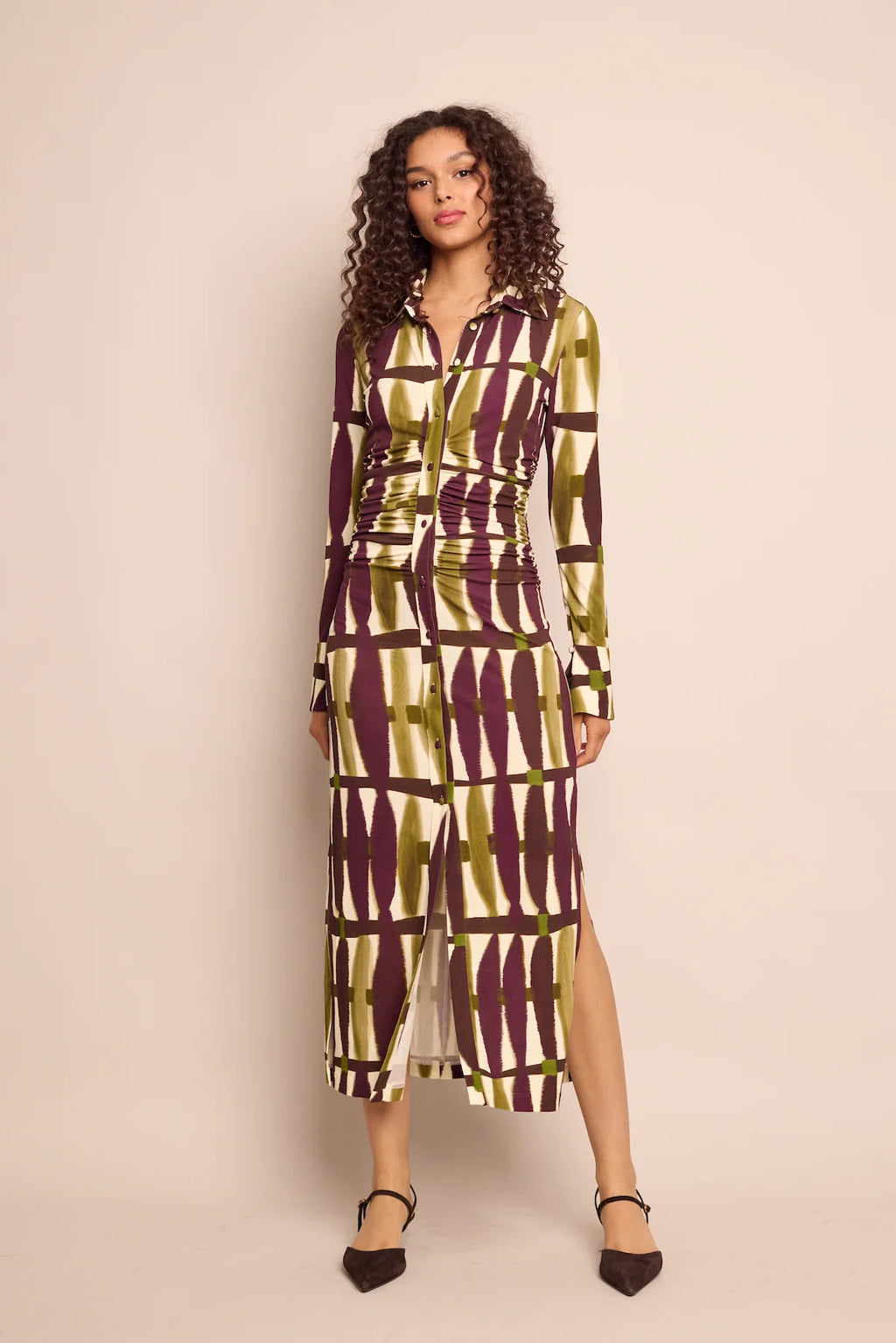 Cara Cara Shirley Dress – fitted jersey midi shirt dress with ruching, placed print, and fluted cuffs