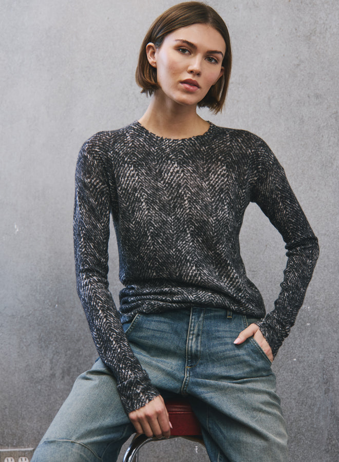 Autumn Cashmere Raw Edge Crew sweater in 100% cashmere with herringbone detail and raw edge hem.