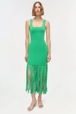 Load image into Gallery viewer, Simkhai Romelia knit midi dress with square neckline, fitted silhouette, and cascading fringe hem with metal hardware detail
