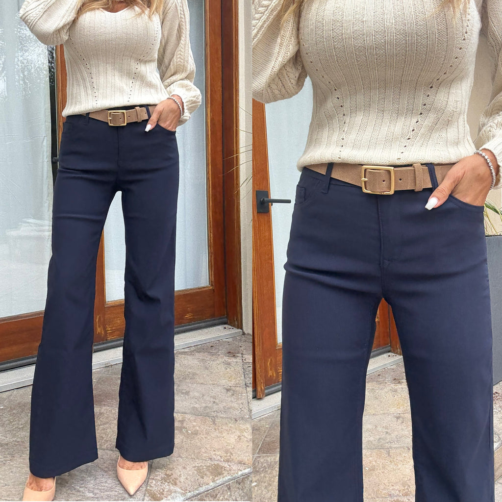 Side view of Bevy Flog Amy pants with subtle ankle flare and flattering fit