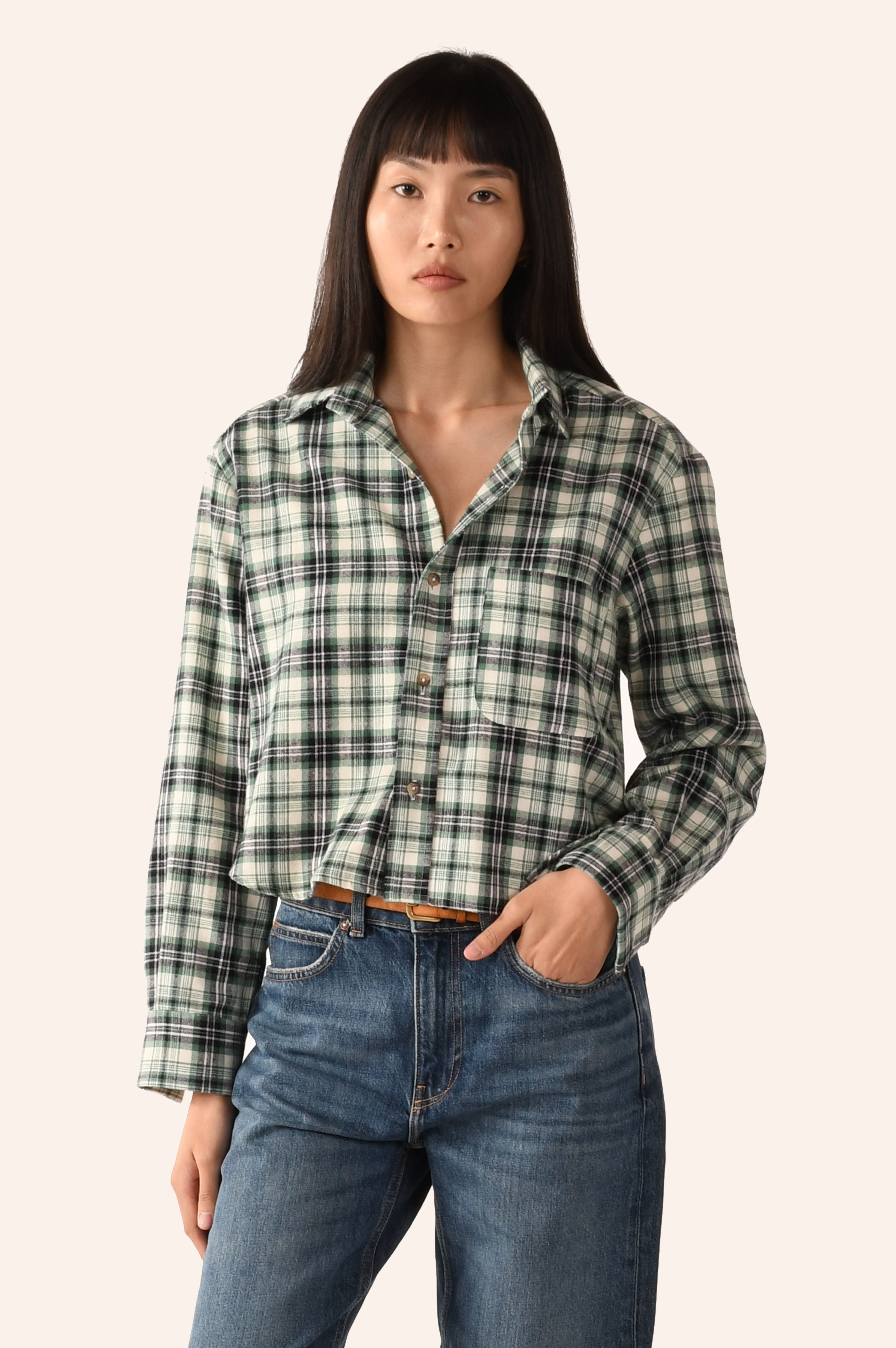 "Wear CISSA Belle Flannel Shirt in Bristol plaid with single front pocket and high-low hem"

"Model wearing Belle Flannel Shirt by Wear CISSA – relaxed fit with back knife pleats and button cuffs"

"Close-up of Belle Flannel Shirt – classic Bristol plaid in 100% cotton with tailored back detailing"

"Front view of Wear CISSA Belle Shirt – casual flannel with chest pocket and curved hemline"

"Back view of Belle Flannel Shirt featuring two knife pleats and high-low shirttail hem