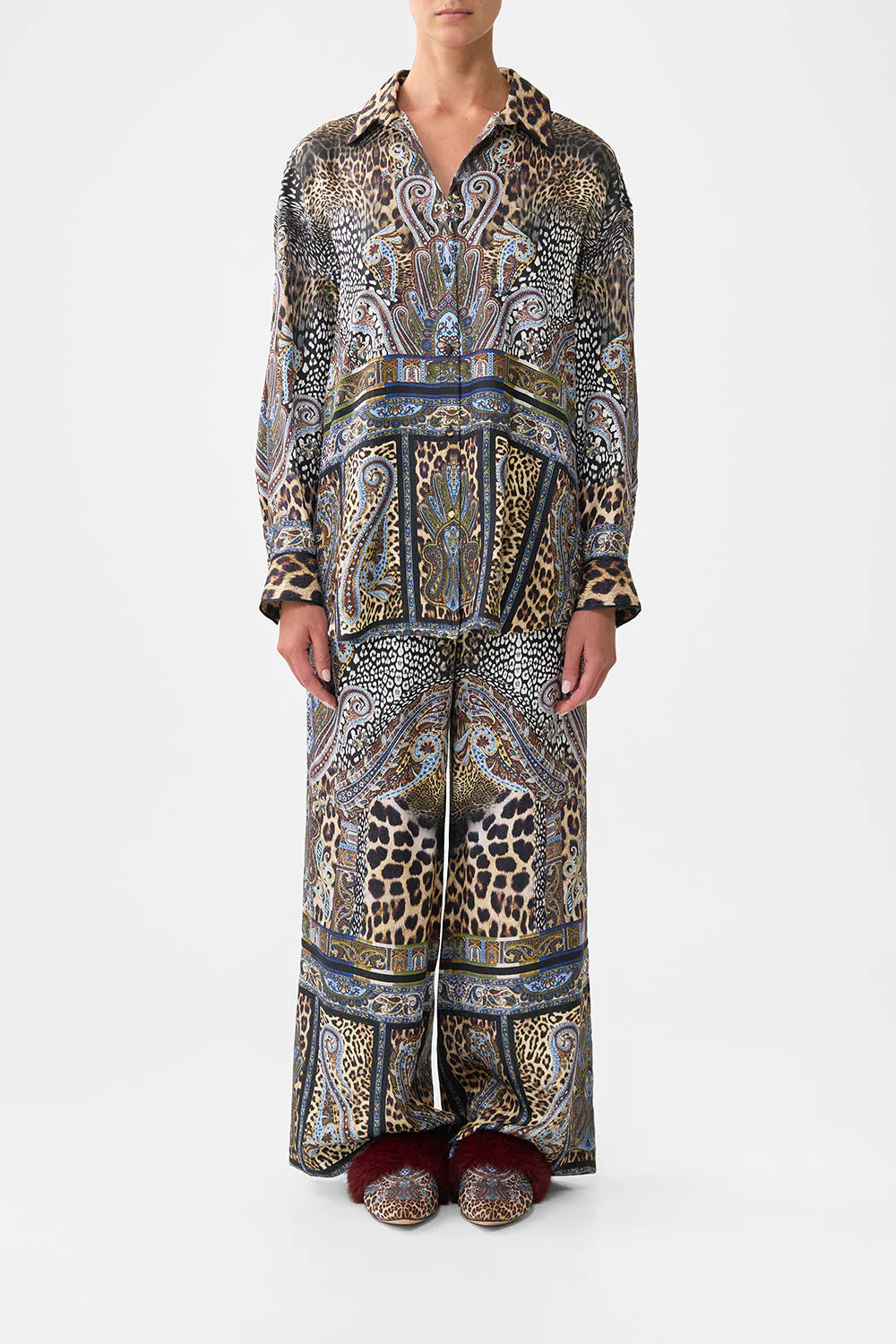 Camilla Istanbul Animalia oversized shirt in limited edition print with contrast collar, dropped shoulders, and patch pockets.