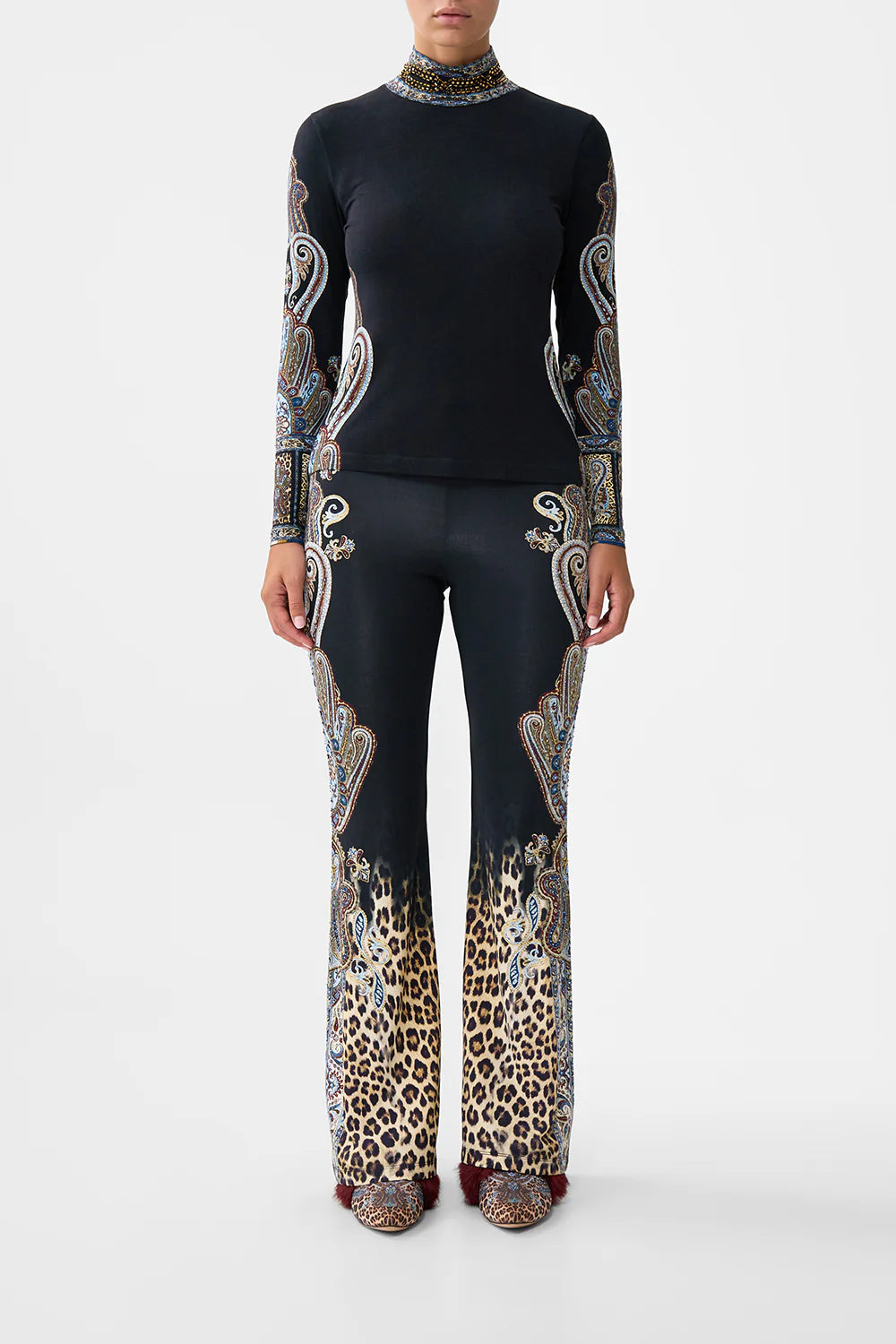 Camilla Istanbul Animalia turtleneck in limited edition print with long sleeves, slim fit, and crystal embellishments.