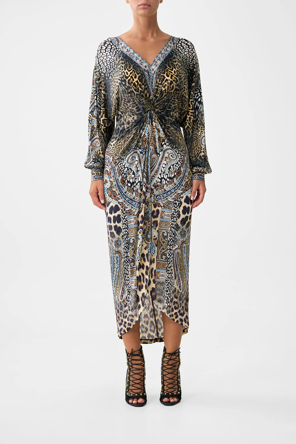 Camilla Istanbul Animalia Twist Front Dress in limited edition print with V neckline, blouson sleeves, and midi hemline.