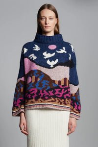 Eleven Six Caroline Sweater in alpaca blend with graphic intarsia landscape design, chunky double mock neck, and striped rib cuffs and hem, handmade in Peru in collaboration with artist Caroline Burdett.