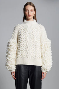 Eleven Six Bella Sweater in chunky alpaca blend with popcorn and cable knit, fringe sleeve detail, mock neck, and boxy fit, handmade in Peru.