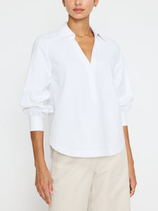 Brochu Walker Emilia Top, relaxed fit top, popover silhouette, collared top, deep v neckline, grosgrain detailing, saddle shoulders, shirred sleeves, button cuffs, curved hem top, polyester cotton top, women’s blouse, stylish top, versatile top.