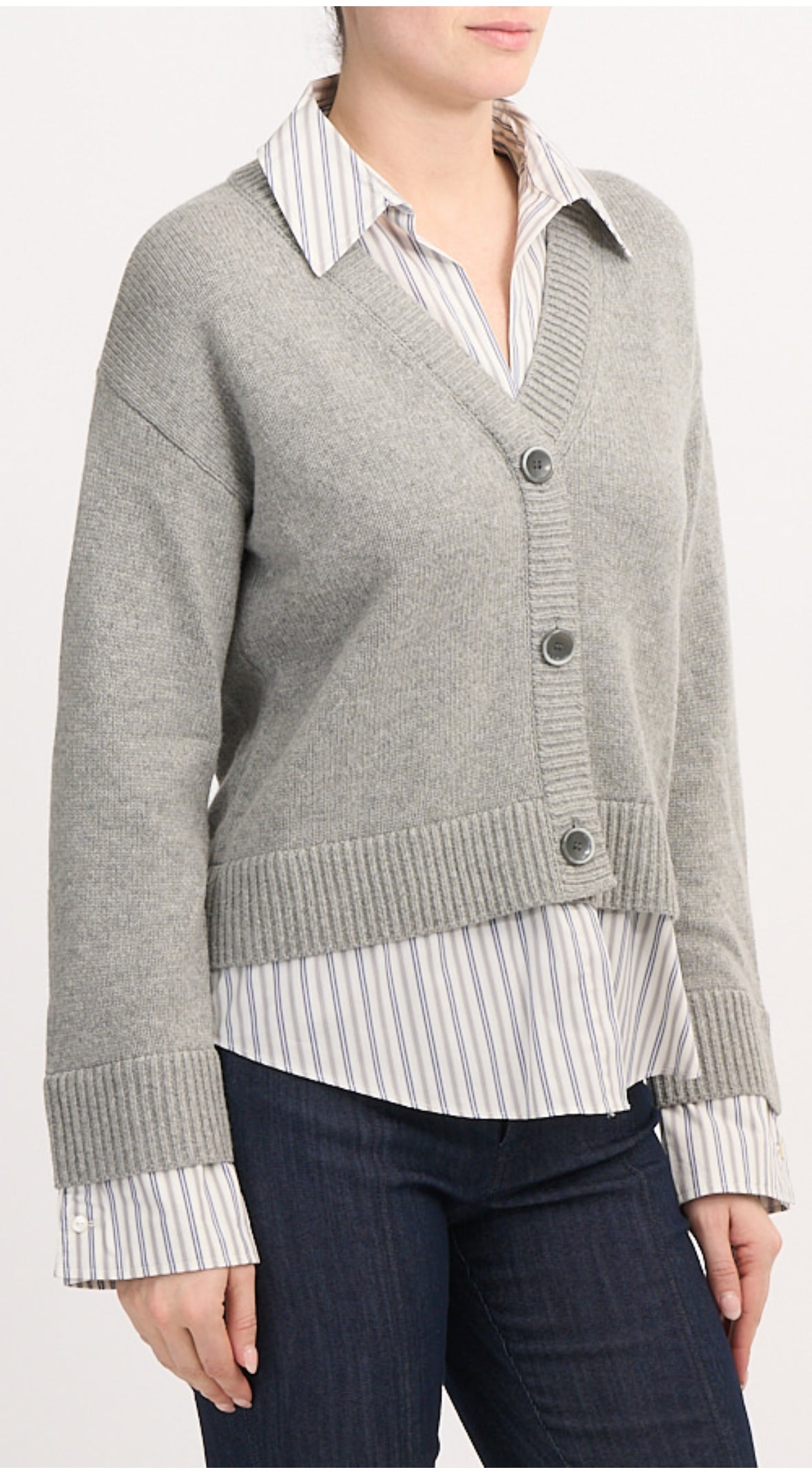 Heather grey pullover cardigan with multi-blue stripes, relaxed fit, long sleeves, and soft knit texture.