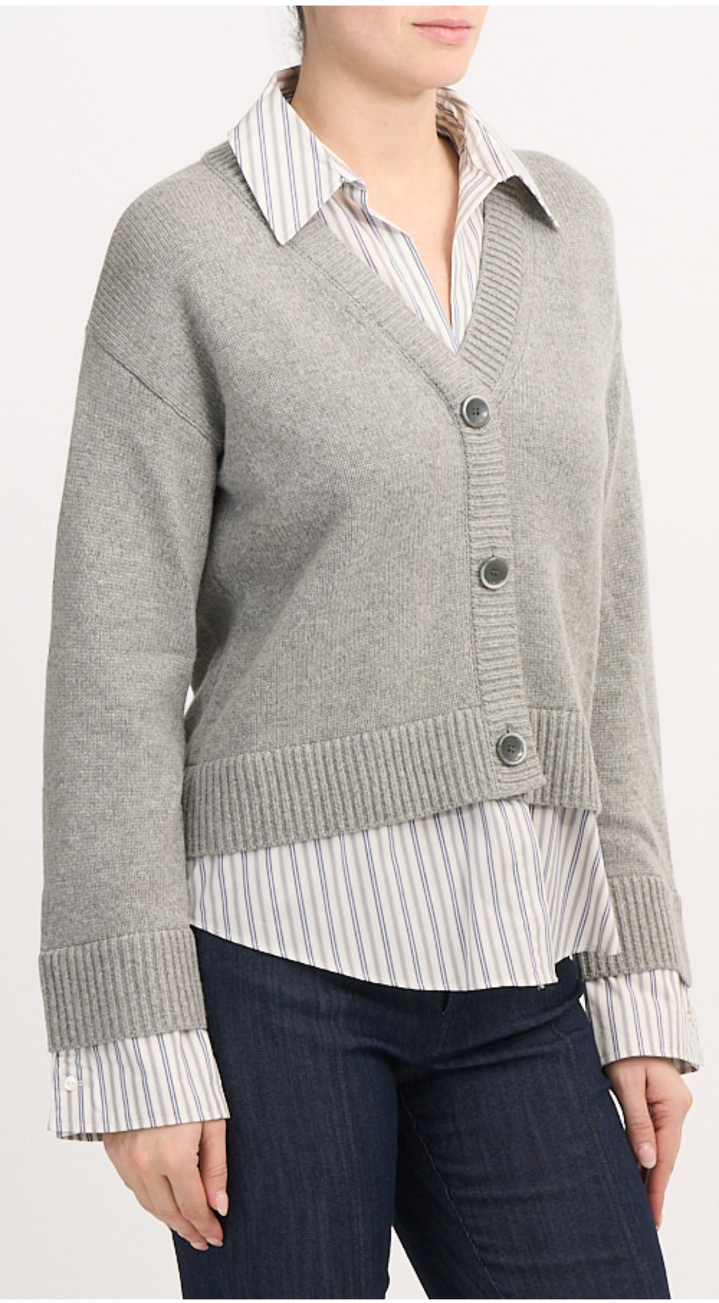 Heather grey pullover cardigan with multi-blue stripes, relaxed fit, long sleeves, and soft knit texture.