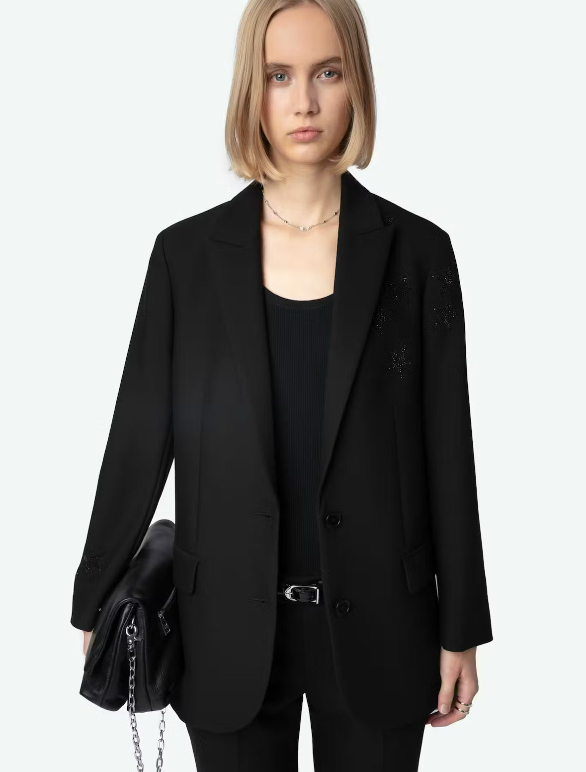 Women’s black Zadig & Voltaire Viva Strauss suit jacket with single-button closure, diamanté star embellishments, two flap pockets, long sleeves, and rear slit