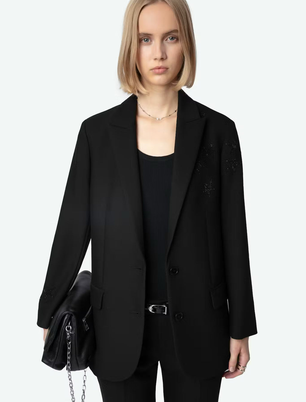 Women’s black Zadig & Voltaire Viva Strauss suit jacket with single-button closure, diamanté star embellishments, two flap pockets, long sleeves, and rear slit