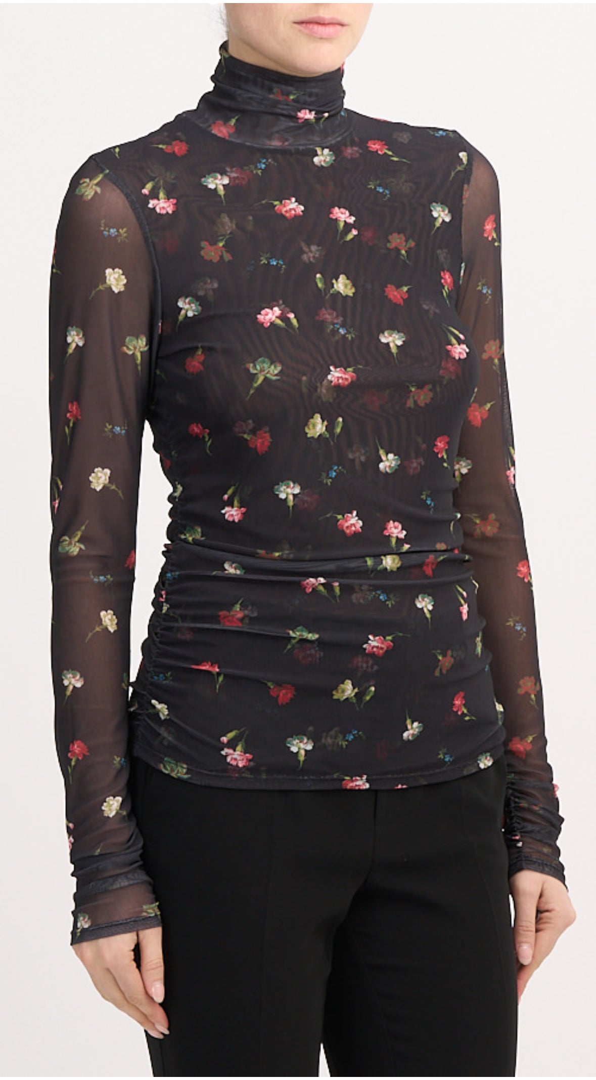 Women’s fine mesh turtleneck in light carnation pink, fitted silhouette with long sleeves, made from stretch polyester blend.