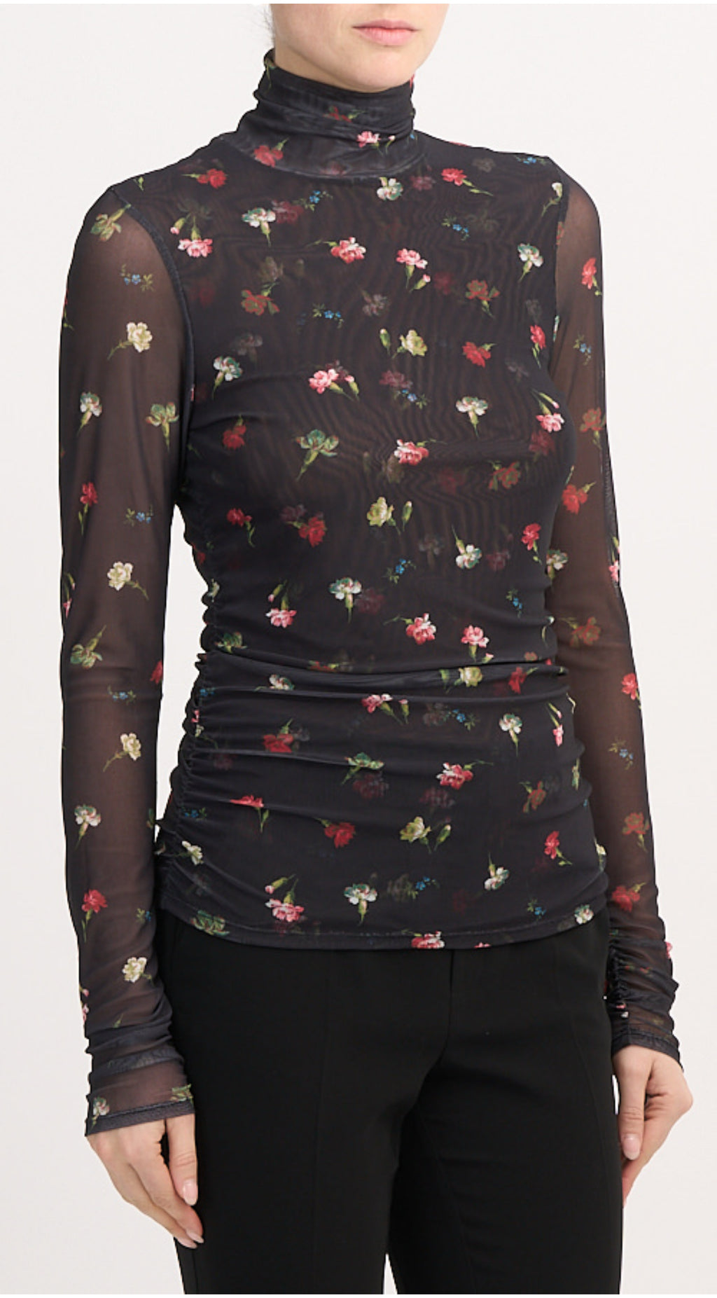 Women’s fine mesh turtleneck in light carnation pink, fitted silhouette with long sleeves, made from stretch polyester blend.