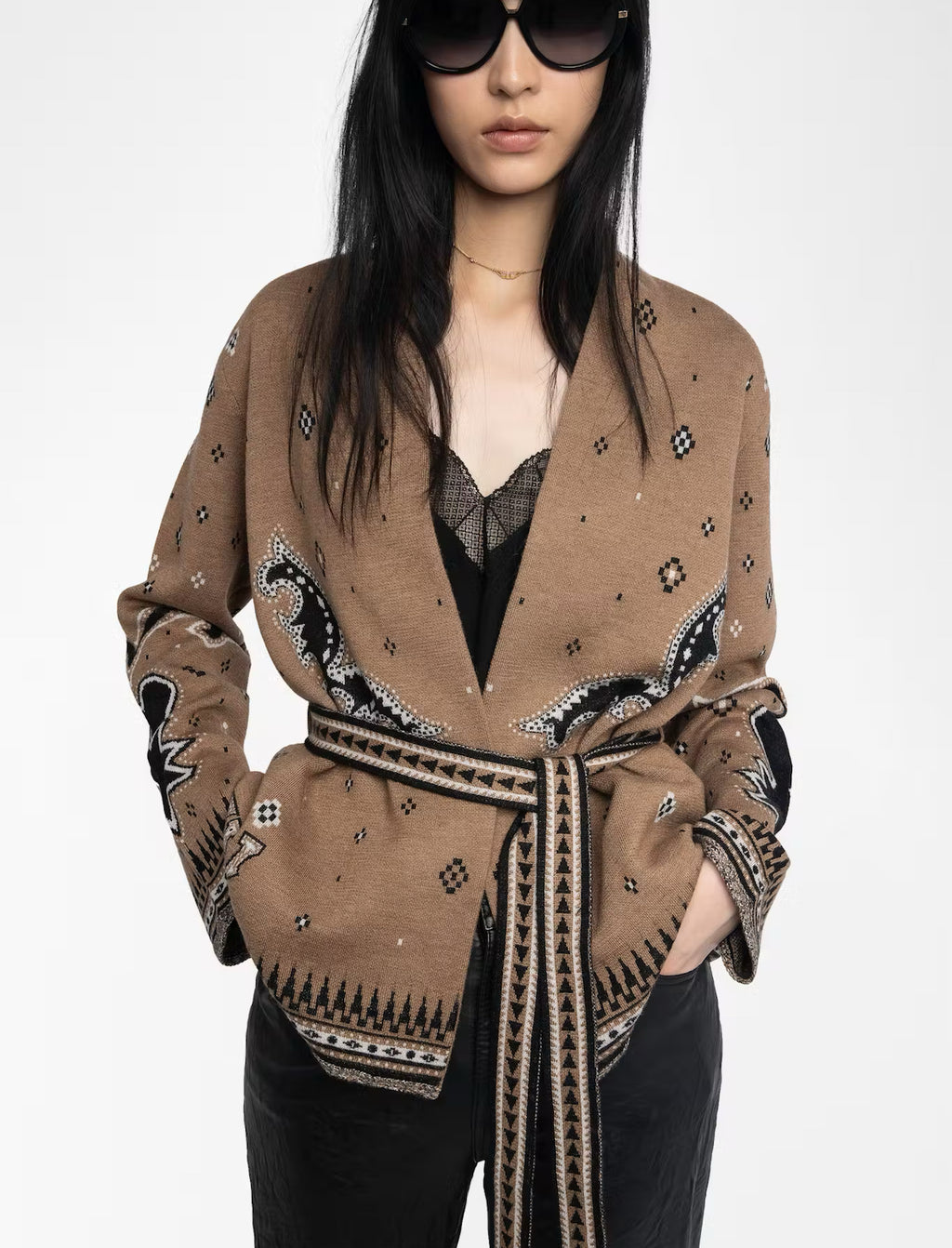 Zadig & Voltaire Kala women’s merino wool wrap cardigan in warm brown with fringe hem, jacquard pattern, and belted closure