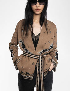 Zadig & Voltaire Kala women’s merino wool wrap cardigan in warm brown with fringe hem, jacquard pattern, and belted closure