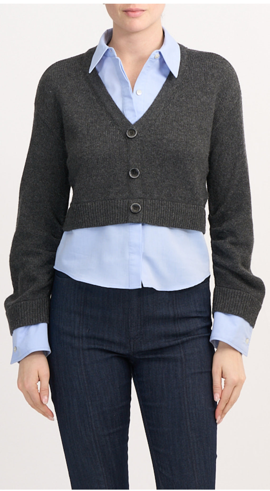 Charcoal pullover cardigan with built-in light grey rain cloud button-down shirt detail, long sleeves, and ribbed trim.