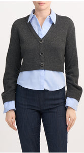 Charcoal pullover cardigan with built-in light grey rain cloud button-down shirt detail, long sleeves, and ribbed trim.