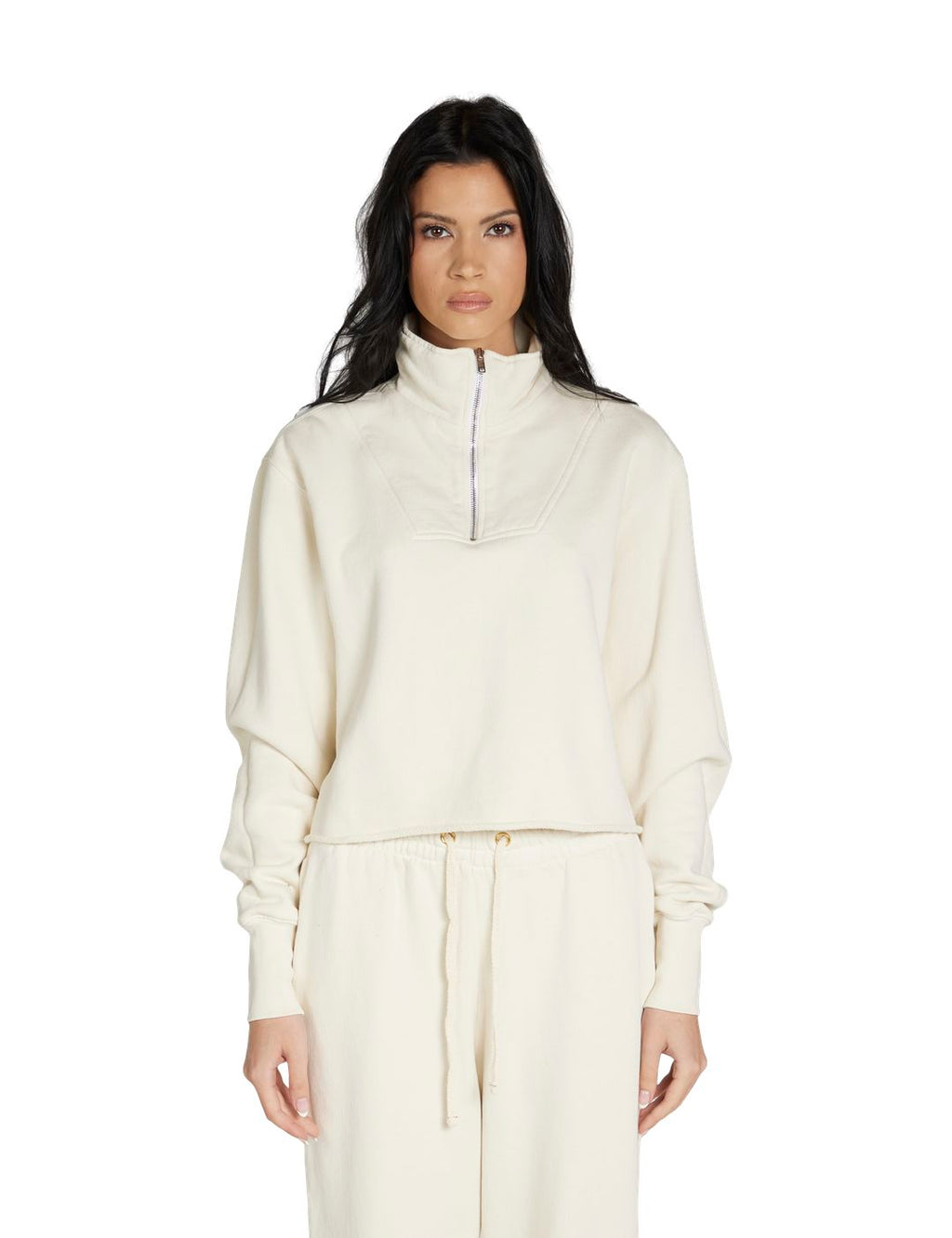 “Les Tien Haley zip-up hoodie made in the USA, featuring 100% cotton structured fleece, raw hem, Riri zipper, vintage brushed texture, and relaxed boxy fit sitting at or above the waistline