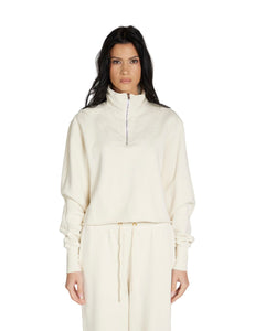 “Les Tien Haley zip-up hoodie made in the USA, featuring 100% cotton structured fleece, raw hem, Riri zipper, vintage brushed texture, and relaxed boxy fit sitting at or above the waistline