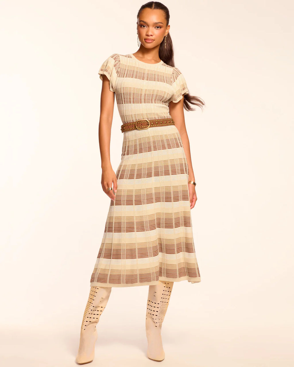 Ramy Brook Rachel women’s knit midi dress with flutter sleeves, high neck, fitted bodice, and stretch A-line skirt in cotton-rayon blend
