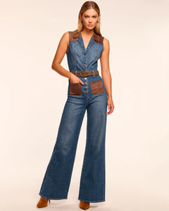 Ramy Brook Claudette women’s sleeveless wide-leg jumpsuit with V-neck, faux suede detail, and signature buttons in stretch cotton blend.