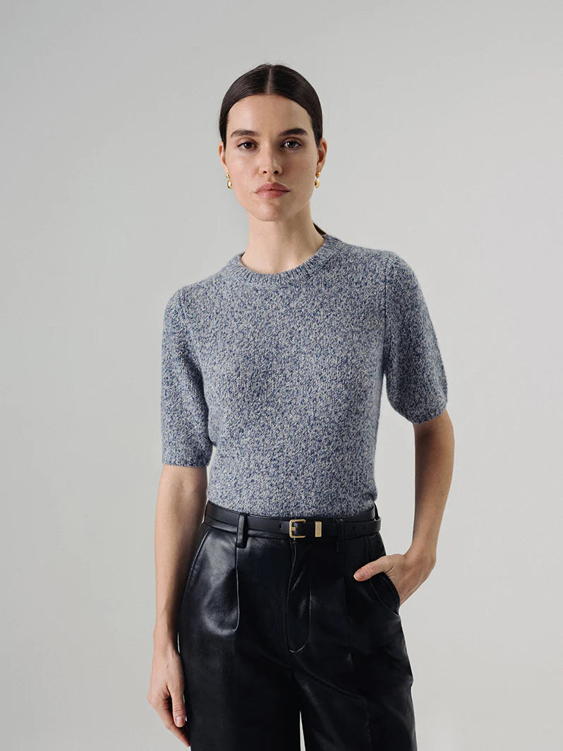 W Cashmere Brenda short sleeve sweater crafted from 75% cashmere and 25% silk with rounded neckline and ribbed trim.
