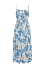 Load image into Gallery viewer, Cara Cara Alba Midi Dress in Tossed Floral Blue featuring ruched bodice and adjustable spaghetti straps
