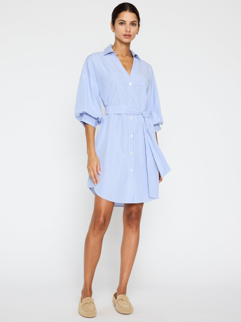 Brochu Walker Kate Striped Dress, relaxed fit dress, mini length dress, collared v-neck dress, button front dress, blouson sleeves, shirttail hem dress, self-removable belt dress, Japanese fabric dress, 100% polyester dress, women’s striped dress, stylish mini dress.