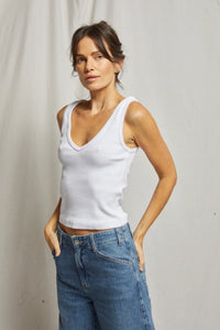 White ribbed V-neck tank top made from 95% cotton and 5% spandex, designed for a flattering fit and comfortable wear.