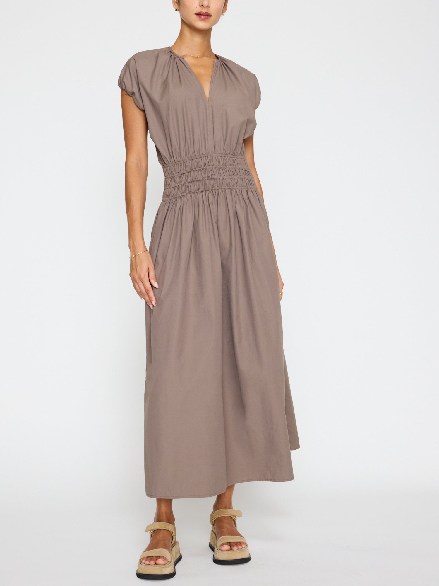 Brochu Walker Mina Dress, midi length dress, column skirt dress, side slit dress, shirred V neckline, drop shoulder dress, elasticized waistline dress, smocked waist dress, unlined dress, polyester cotton dress, women’s dress, casual chic dress, versatile midi dress.