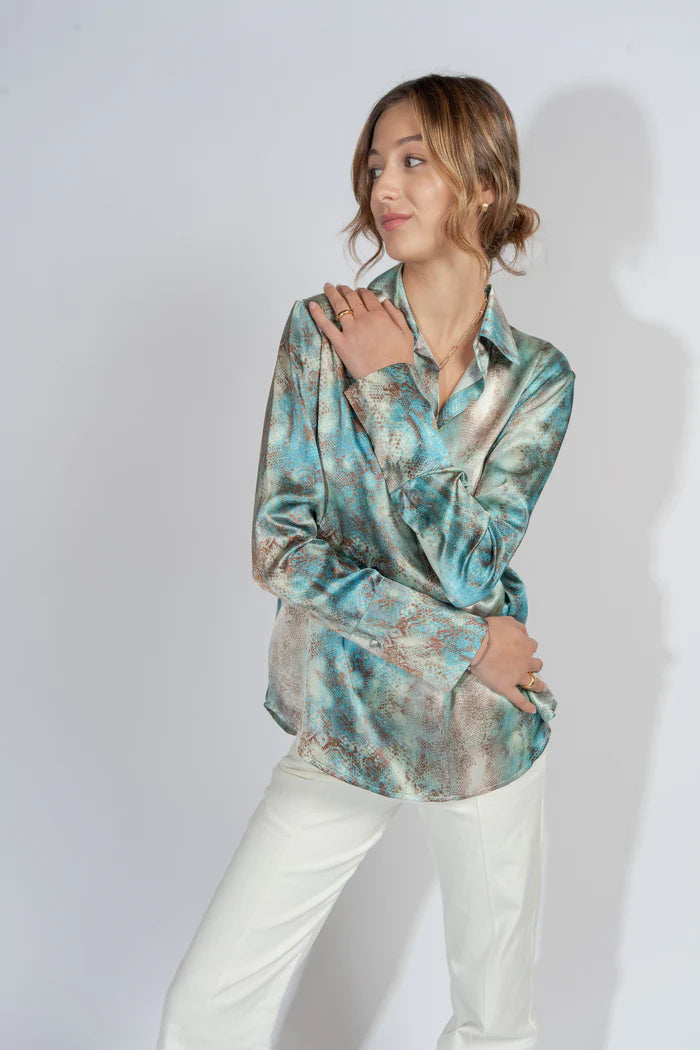 Catherine Gee Daria French Cuff Silk Blouse - Aqua Snake