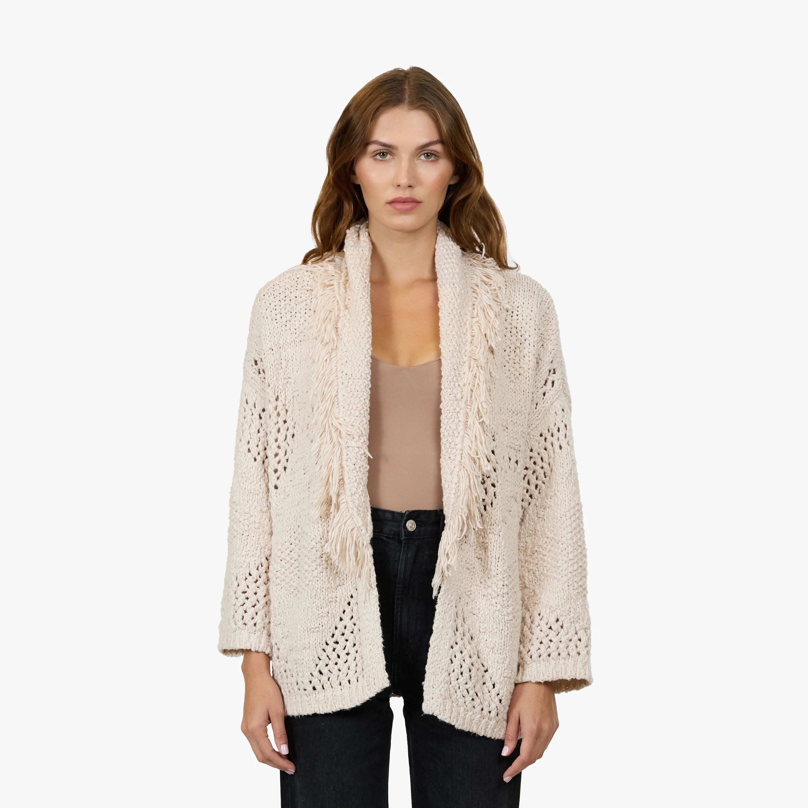 Open-front fringe cardigan made of 100% Italian cotton with long sleeves, pointelle detailing, and decorative fringe along the edges.