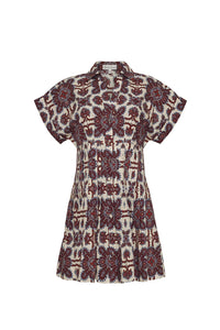 A mini-length fit-and-flare shirtdress in 100% cotton poplin, featuring a functional center front placket, side seam pockets, and pin tuck detailing at the bust and back bodice for shaping. The dress has a double-rolled cuff on the sleeves, decorative pleat at the hem, and a unique placed print. Unlined with stitching detail at the skirt yoke and bottom hem.