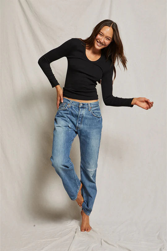 Sexy and slinky white long sleeve top made from a soft cotton-modal-spandex blend, featuring a flattering ribbed design for all body types