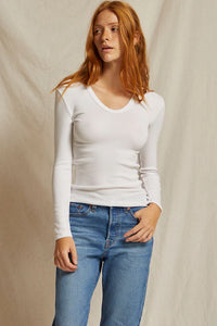 Sexy and slinky white long sleeve top made from a soft cotton-modal-spandex blend, featuring a flattering ribbed design for all body types