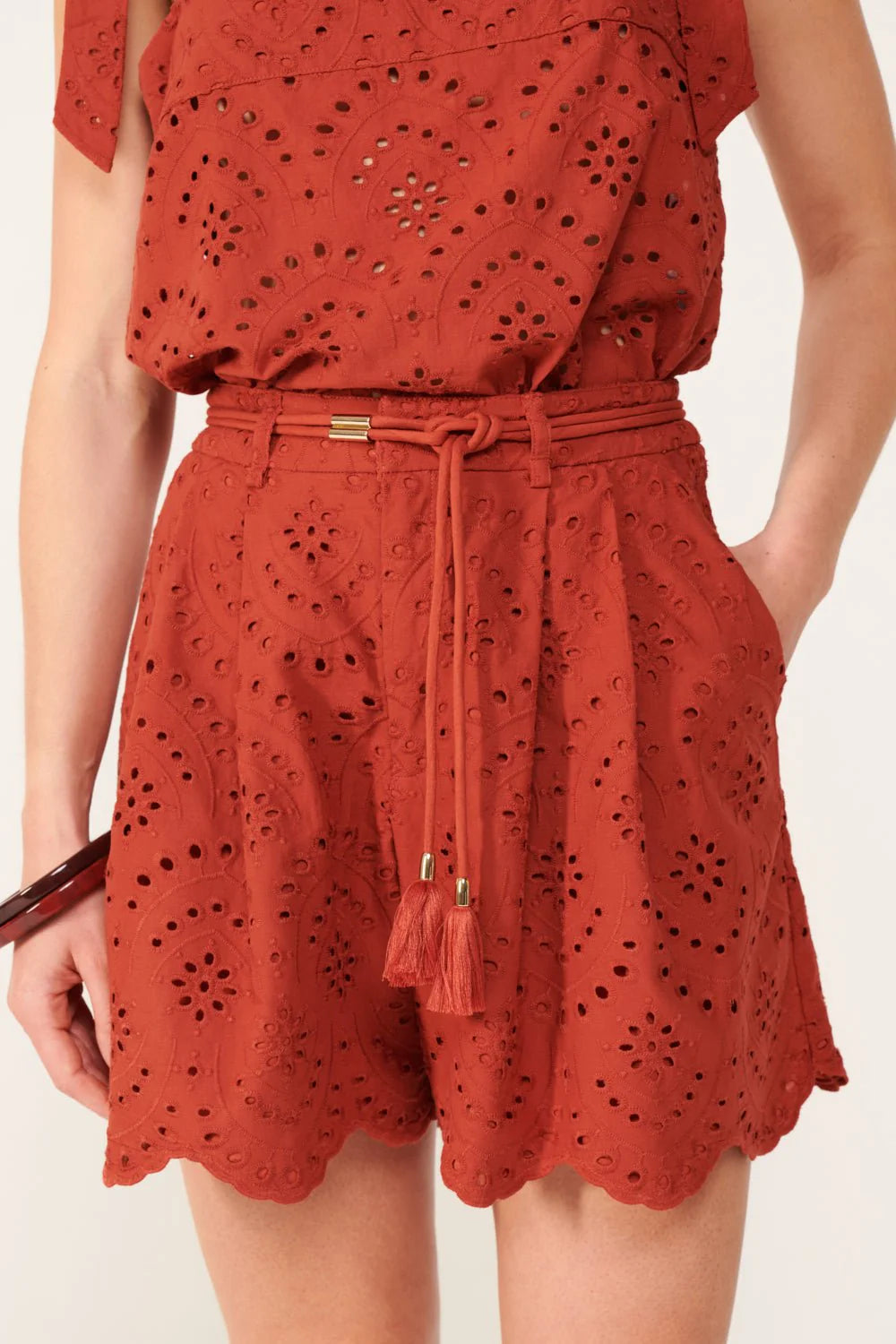 Poupette St Barth Chantal Shorts in cotton eyelet Celyne with scalloped hem and detachable tassel belt