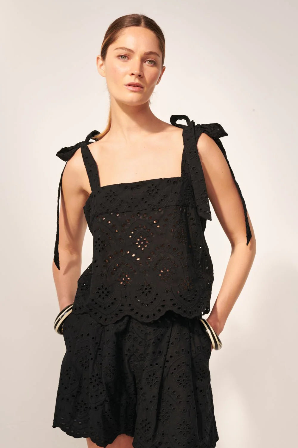 Poupette St Barth Noa Top in cotton eyelet Celyne with adjustable shoulder ties and scalloped hem