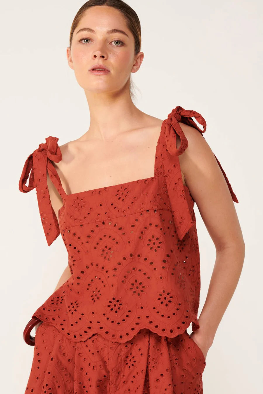 Poupette St Barth Noa Top in cotton eyelet Celyne with adjustable shoulder ties and scalloped hem