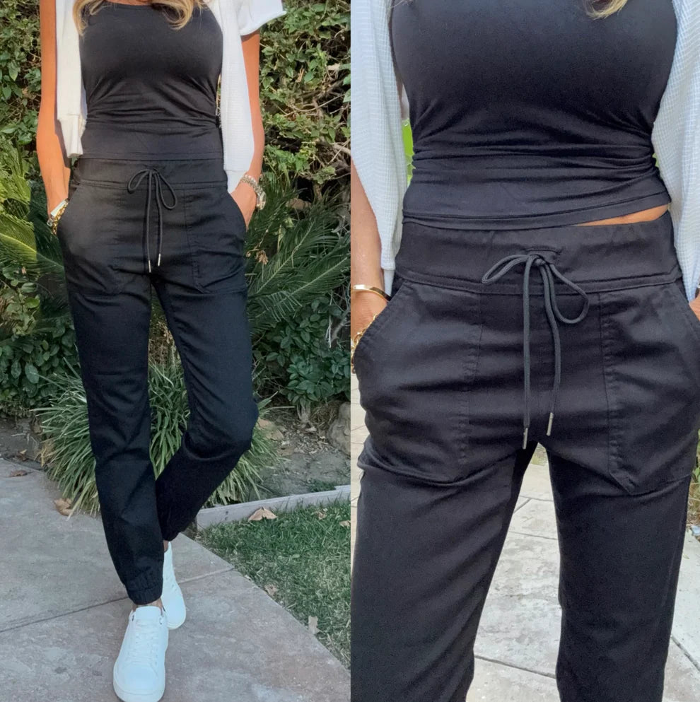 Bevy Flog Tali Black pants with tie waist and ribbed ankle cuffs