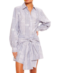 Ramy Brook shirt dress, point collar dress, long sleeve dress, metallic-thread accents, self-belt tie dress, back yoke dress, cotton mini dress, non-stretch dress, women's fashion, shirt dress with cuffs, fitted waist dress, mini length dress, versatile dress.