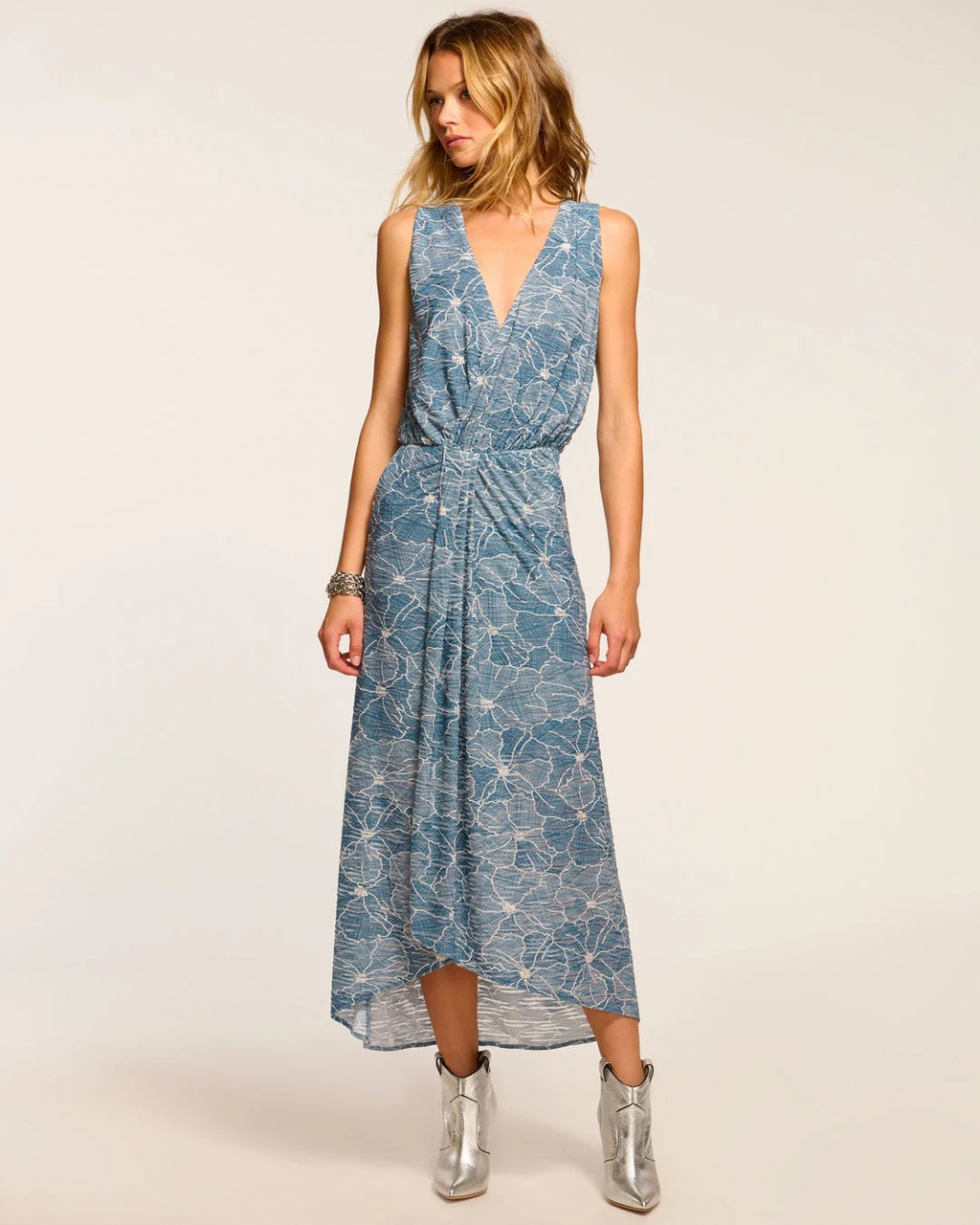 Ramy Brook Yuka Dress, floral burnout knit dress, sleeveless dress, V-neck dress, blouson silhouette dress, bra-friendly dress, women's fashion, elegant sleeveless dress, dress with invisible zipper, floral dress, polished dress, versatile dress, luxury dress.