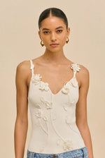 Load image into Gallery viewer, Cult Gaia Emiliana Top Ivory
crochet floral top women
3D floral applique top
sleeveless V neck crop top
designer crochet top
luxury summer top women
ivory statement top
resort wear crochet top
